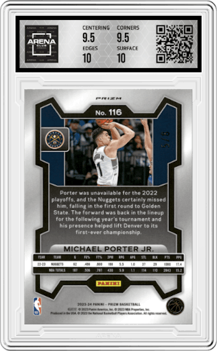 Michael Porter Jr. from the 2023-24 Panini Prizm set featuring a Choice Green parallel graded by Arena Club and given an overall grade of 10.