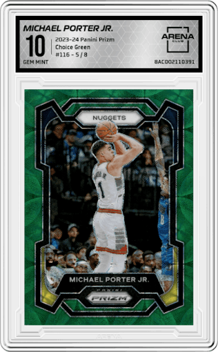 Michael Porter Jr. from the 2023-24 Panini Prizm set featuring a Choice Green parallel graded by Arena Club and given an overall grade of 10.