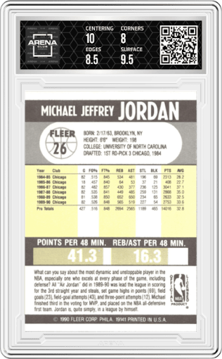 Michael Jordan from the 1990-91 Fleer set graded by Arena Club and given an overall grade of 8.5.