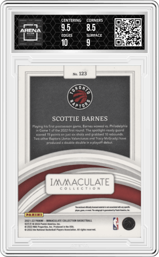 Scottie Barnes  from the 2021-22 Panini Immaculate Collection set graded by Arena Club and given an overall grade of 9.
