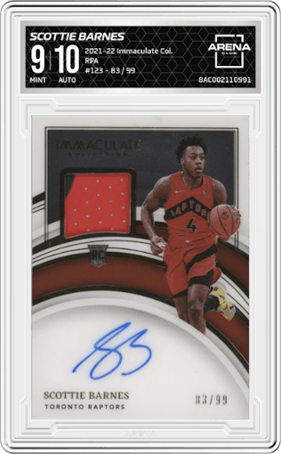 Scottie Barnes  from the 2021-22 Panini Immaculate Collection set graded by Arena Club and given an overall grade of 9.