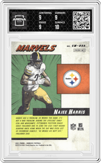 Najee Harris from the 2021 Panini Donruss set graded by Arena Club and given an overall grade of 9.5.