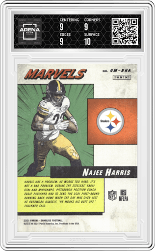 Najee Harris from the 2021 Panini Donruss set graded by Arena Club and given an overall grade of 9.5.