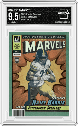 Najee Harris from the 2021 Panini Donruss set graded by Arena Club and given an overall grade of 9.5.