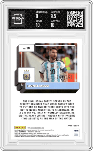 Lionel Messi from the 2022-23 Panini Donruss  set featuring a Optic-Red parallel graded by Arena Club and given an overall grade of 9.5.