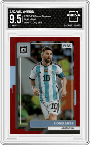 Lionel Messi from the 2022-23 Panini Donruss  set featuring a Optic-Red parallel graded by Arena Club and given an overall grade of 9.5.