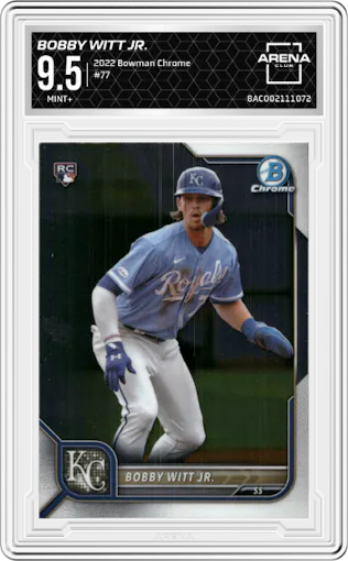 Bobby Witt Jr. from the 2022 Bowman Chrome set graded by Arena Club and given an overall grade of 9.5.