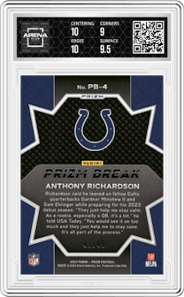 Anthony Richardson from the 2023 Panini Prizm set featuring a  Purple Power parallel graded by Arena Club and given an overall grade of 9.5.