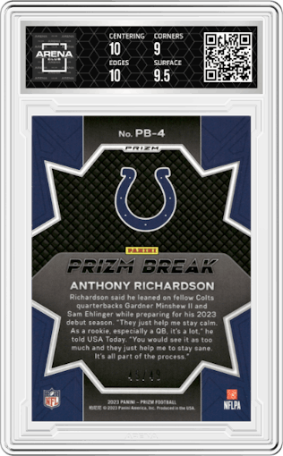 Anthony Richardson from the 2023 Panini Prizm set featuring a  Purple Power parallel graded by Arena Club and given an overall grade of 9.5.