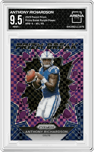 Anthony Richardson from the 2023 Panini Prizm set featuring a  Purple Power parallel graded by Arena Club and given an overall grade of 9.5.
