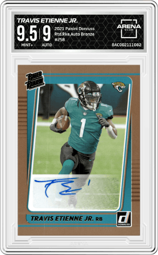 Travis Etienne Jr. from the 2021 Panini Donruss set featuring a Bronze parallel graded by Arena Club and given an overall grade of 9.5.