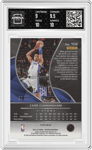 Cade Cunningham from the 2021-22 Panini Spectra set featuring a Celestial parallel graded by Arena Club and given an overall grade of 9.5.