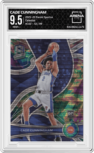 Cade Cunningham from the 2021-22 Panini Spectra set featuring a Celestial parallel graded by Arena Club and given an overall grade of 9.5.
