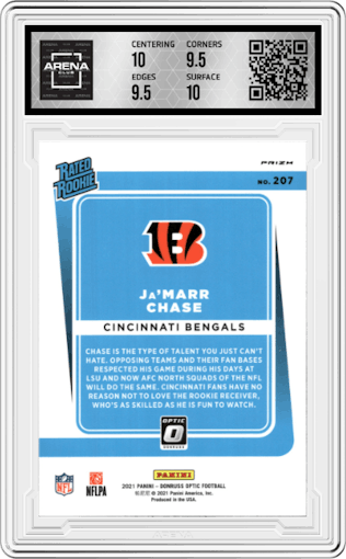 Ja'Marr Chase from the 2021 Panini Donruss Optic set featuring a Pink parallel graded by Arena Club and given an overall grade of 10.