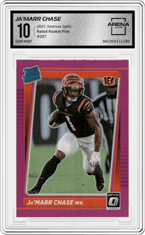 Ja'Marr Chase from the 2021 Panini Donruss Optic set featuring a Pink parallel graded by Arena Club and given an overall grade of 10.