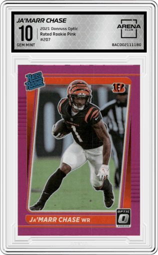 Ja'Marr Chase from the 2021 Panini Donruss Optic set featuring a Pink parallel graded by Arena Club and given an overall grade of 10.