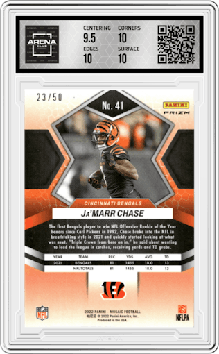 Ja'Marr Chase from the 2022 Panini Mosaic set featuring a No Huddle Purple parallel graded by Arena Club and given an overall grade of 10.