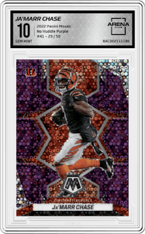 Ja'Marr Chase from the 2022 Panini Mosaic set featuring a No Huddle Purple parallel graded by Arena Club and given an overall grade of 10.