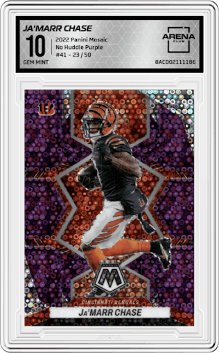 Ja'Marr Chase from the 2022 Panini Mosaic set featuring a No Huddle Purple parallel graded by Arena Club and given an overall grade of 10.