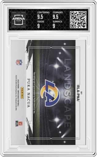 Puka Nacua from the 2023 Panini Impeccable set graded by Arena Club and given an overall grade of 9.5.