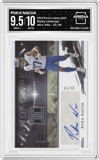 Puka Nacua from the 2023 Panini Impeccable set graded by Arena Club and given an overall grade of 9.5.