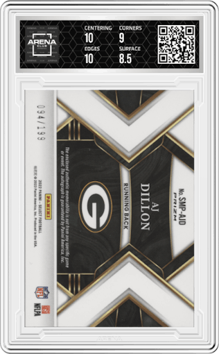 AJ Dillon from the 2022 Panini Select set graded by Arena Club and given an overall grade of 9.