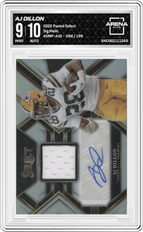 AJ Dillon from the 2022 Panini Select set graded by Arena Club and given an overall grade of 9.