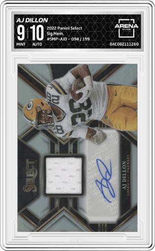 AJ Dillon from the 2022 Panini Select set graded by Arena Club and given an overall grade of 9.