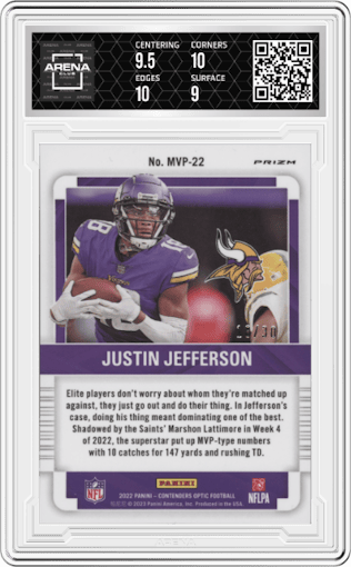 Justin Jefferson from the 2022 Panini Contenders Optic set featuring a Green Pulsar parallel graded by Arena Club and given an overall grade of 9.5.