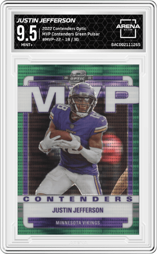 Justin Jefferson from the 2022 Panini Contenders Optic set featuring a Green Pulsar parallel graded by Arena Club and given an overall grade of 9.5.