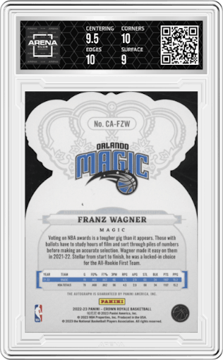Franz Wagner from the 2022-23 Panini Crown Royale set graded by Arena Club and given an overall grade of 9.5.