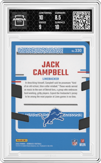 Jack Campbell from the 2023 Panini Donruss set featuring a Press Proof Silver Die-Cut parallel graded by Arena Club and given an overall grade of 9.