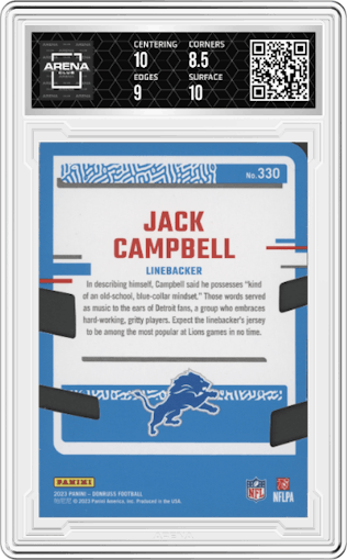 Jack Campbell from the 2023 Panini Donruss set featuring a Press Proof Silver Die-Cut parallel graded by Arena Club and given an overall grade of 9.