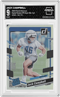 Jack Campbell from the 2023 Panini Donruss set featuring a Press Proof Silver Die-Cut parallel graded by Arena Club and given an overall grade of 9.