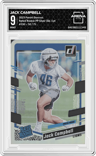Jack Campbell from the 2023 Panini Donruss set featuring a Press Proof Silver Die-Cut parallel graded by Arena Club and given an overall grade of 9.