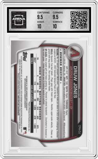 Druw Jones from the 2023 Bowman  set featuring a Refractor parallel graded by Arena Club and given an overall grade of 10.
