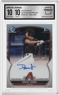 Druw Jones from the 2023 Bowman  set featuring a Refractor parallel graded by Arena Club and given an overall grade of 10.