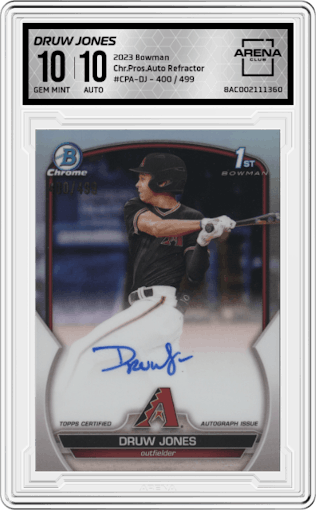 Druw Jones from the 2023 Bowman  set featuring a Refractor parallel graded by Arena Club and given an overall grade of 10.
