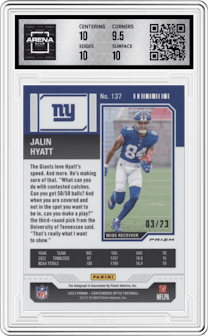 Jalin Hyatt from the 2023 Panini Zenith set featuring a Blue parallel graded by Arena Club and given an overall grade of 10.