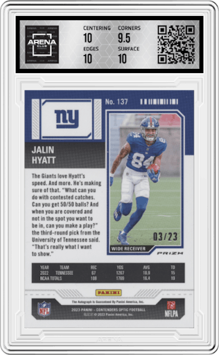 Jalin Hyatt from the 2023 Panini Zenith set featuring a Blue parallel graded by Arena Club and given an overall grade of 10.
