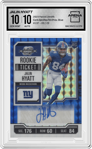Jalin Hyatt from the 2023 Panini Zenith set featuring a Blue parallel graded by Arena Club and given an overall grade of 10.