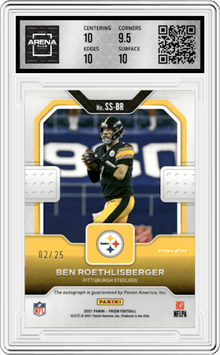 Ben Roethlisberger from the 2021 Panini Prizm set featuring a Green Scope parallel graded by Arena Club and given an overall grade of 10.