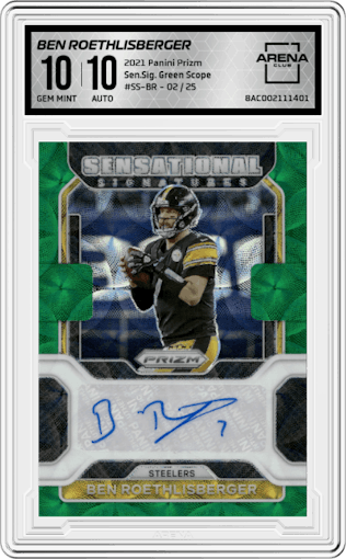 Ben Roethlisberger from the 2021 Panini Prizm set featuring a Green Scope parallel graded by Arena Club and given an overall grade of 10.