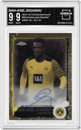 Dan-Axel Zagadou from the 2021-22 Topps Chrome Borussia Dortmund set featuring a Gold Refractor parallel graded by Arena Club and given an overall grade of 9.