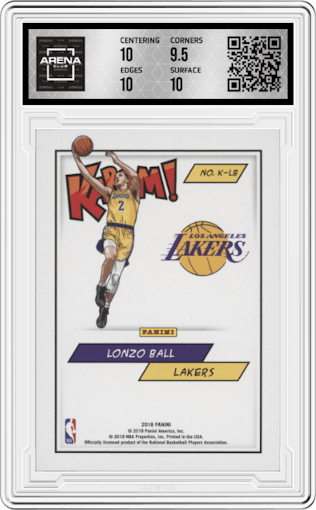Lonzo Ball from the 2018 Panini Kaboom Rewards Multi-Sport set graded by Arena Club and given an overall grade of 10.