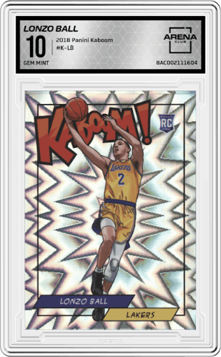 Lonzo Ball from the 2018 Panini Kaboom Rewards Multi-Sport set graded by Arena Club and given an overall grade of 10.