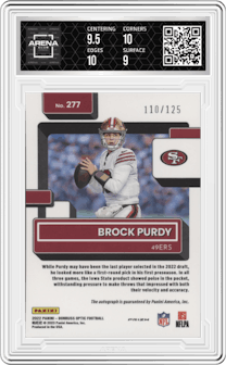 Brock Purdy from the 2022 Panini Donruss Optic set featuring a Holo parallel graded by Arena Club and given an overall grade of 9.5.