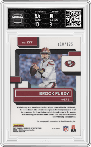 Brock Purdy from the 2022 Panini Donruss Optic set featuring a Holo parallel graded by Arena Club and given an overall grade of 9.5.