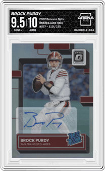 Brock Purdy from the 2022 Panini Donruss Optic set featuring a Holo parallel graded by Arena Club and given an overall grade of 9.5.