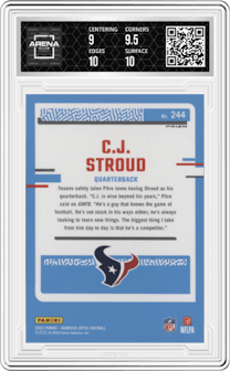C.J. Stroud from the 2023 Donruss Optic set featuring a  Purple Shock parallel graded by Arena Club and given an overall grade of 9.5.